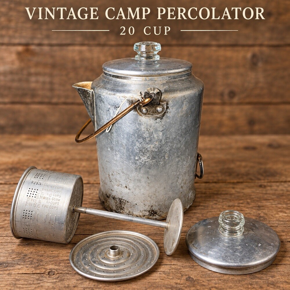 Vintage 20 Cup Aluminum Camp Coffee Percolator Glass Knob Bail Handle Complete